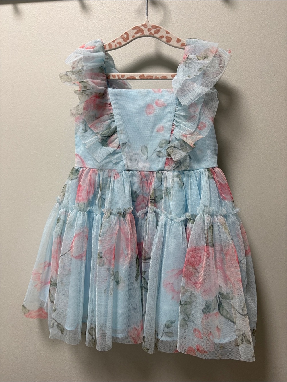 Girls Floral Ruffle Chiffon Dress - Light Blue with Pink Roses